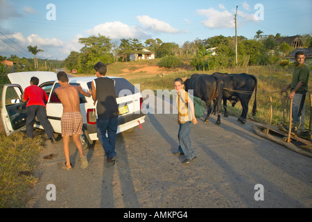 L'homme avec deux bœufs tirant sled passé décomposé en voiture Fiat la Valle de Vinales au centre de Cuba Banque D'Images