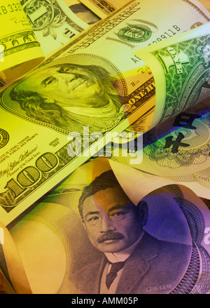 Close-up des billets américains et japonais Banque D'Images