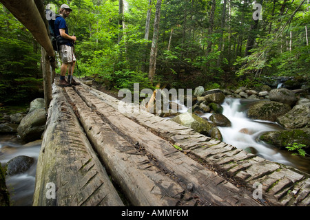 Un randonneur sur un pont au-dessus de la gorge Brook sur le mont Moosilauke au New Hampshire s White Mountain National Forest Banque D'Images