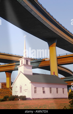 Image composite d'une église au milieu de la lumière céleste et les viaducs d'autoroute Banque D'Images