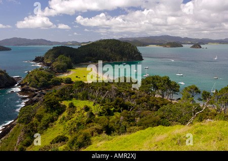 Vue sur Motuarohia (Roberton Island), Bay of Islands, Northland, Côte Est, Ile du Nord, Nouvelle-Zélande. Banque D'Images