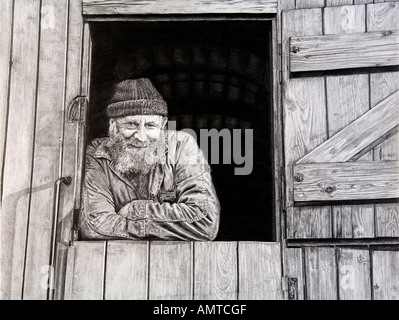 Homme barbu in boiler suit appuyé contre le moteur de traction, illustration crayon porte wagon Banque D'Images