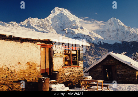 Une vue du coucher de soleil du Annapurna juste après une chute de neige vu de Tadapani Népal Banque D'Images