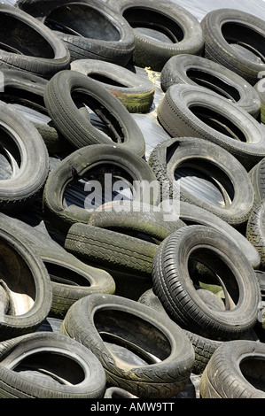 Les vieux pneus sur le dessus de l'ensilage qui pèse sur les bâches en plastique Banque D'Images