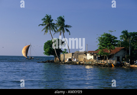 Oruvas bateau naviguant le long de la côte à Negombo Banque D'Images