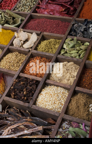 Close-up of assorted herbes et épices dans des caisses en bois Banque D'Images