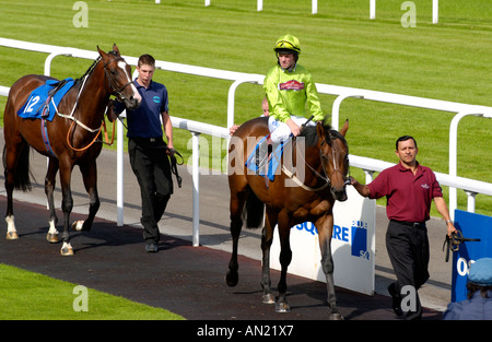 L'anneau avec défilé et formateurs de propriétaires jockeys Hippodrome de Chepstow Monmouthshire South Wales UK Banque D'Images