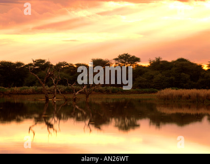 Rayons de soleil percer les nuages à un lac avec réflexion Mont Etjo Afrique Namibie Banque D'Images