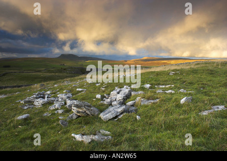 Calcaire exposés sur Yorkshire Dales moor avec stylo y gand en l'arrière-plan Banque D'Images