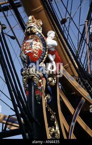 Ville de Portsmouth détail bow close up de conserves de HMS Victory amiral Horatio Nelsons flagship lors de la bataille de Trafalgar Banque D'Images