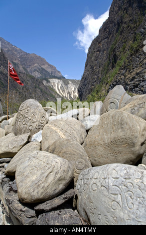 Pierres avec Mantra bouddhiste om mani padme hum. Khotro Hors village. Circuit de l'Annapurna trek. Le Népal Banque D'Images