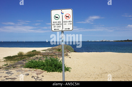 Un signe pour conseiller les gens si les chiens sont admis sur la plage. Banque D'Images