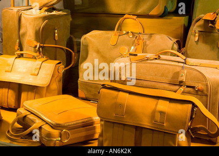 Vérone, Vénétie, Italie. Sacs en cuir sur l'affichage dans le quartier chic de vitrine dans la Via Mazzini, Vérone's premier shopping street. Banque D'Images