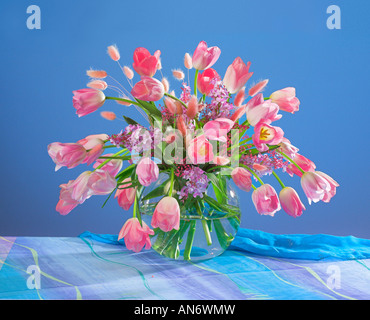 Studio organisé bouquet de tulipes roses dans un vase de fleurs sur un fond bleu pastel Banque D'Images