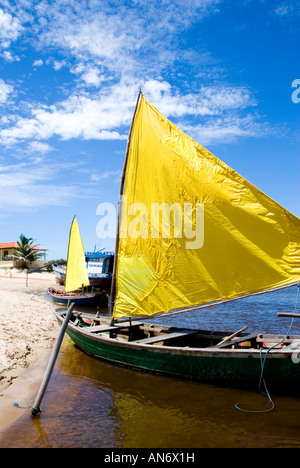 Bateaux, voile jaune plage Caburé, Maranhao, Brésil Banque D'Images