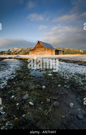 Tôt le matin d'or de la lumière sur une vieille grange Moulton sur Mormon Row dans le Grand Teton National Park