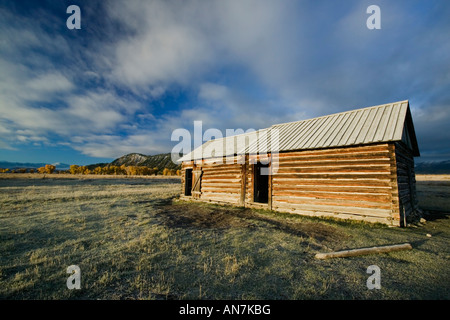 Tôt le matin d'or de la lumière sur une vieille grange Moulton sur Mormon Row dans le Grand Teton National Park
