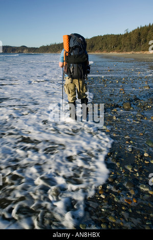 Backpacker sur Shi Shi beach Olympic National Park Banque D'Images