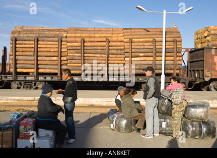 La Mongolie Zamyn Uud gare wagon chargé avec le bois Banque D'Images