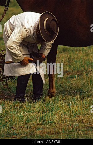 Reenactor nettoyage du sabot de son cheval à une reconstitution de la guerre civile au Wisconsin Banque D'Images