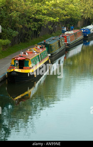 De vertical traditionnel vieux de plusieurs bateaux amarrés le long de l'Étroit Canal Grand Union au soleil. Banque D'Images