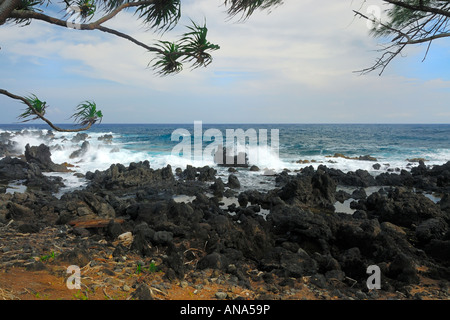 Le surf à la plage de la pierre de lave dans la région de Wailua une petite ville sur la route de Hana Maui Hawaii USA Banque D'Images