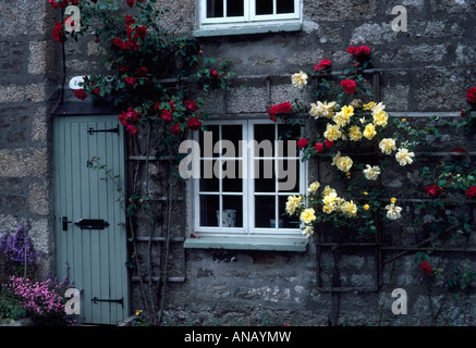 Jaune et rouge rosiers grimpants à côté de fenêtre et porte d'entrée de maison en pierre Banque D'Images