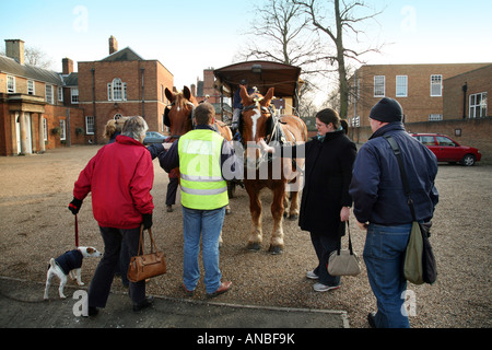 Les gens admirer le 'Suffolk Punch' shirehorses et transport, Newmarket, Suffolk, Angleterre Banque D'Images