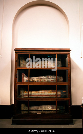 Armoire en bois avec plusieurs sarcophage en pierre au Musée d'antiquités égyptiennes, connue communément comme le Musée Égyptien ou Musée du Caire, Egypte Banque D'Images