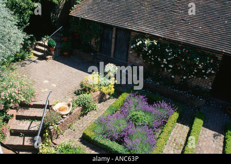 Vue aérienne de la cour-jardin avec la lavande en frontière avec clippé fort hedges Banque D'Images