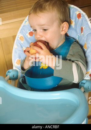 Jeune garçon assis dans une chaise haute de manger une pomme Banque D'Images