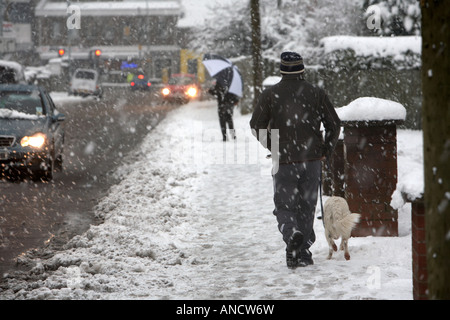 L'homme promenait son chien le long d'un sentier couvert de neige au milieu d'une tempête Banque D'Images