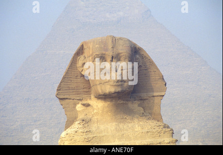 Le Sphinx, avec la pyramide de Khéphren en arrière-plan (Égypte) Banque D'Images