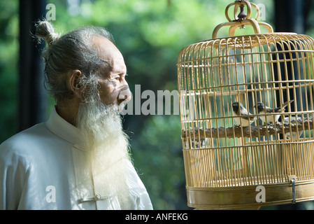 Un homme âgé portant des vêtements chinois traditionnels, à la cage à oiseaux dans Banque D'Images