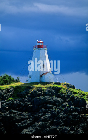 Phare Swallowtail perché sur la falaise à l'entrée de l'île Grand Manan dans la baie de Fundy, Nouveau-Brunswick, Canada Banque D'Images