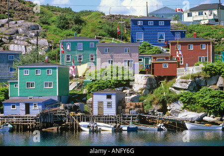 Maisons peint de couleurs vives, dans village de pêcheurs de Rose Blanche, à Terre-Neuve, Canada. Banque D'Images