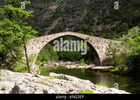 Ponte Vecchiu pont sur la rivière de Spelunca, Corse Banque D'Images