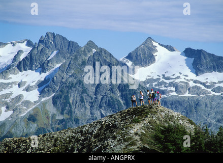 Un groupe de randonneurs appréciant les paysages dans le parc provincial Garibaldi, British Columbia, Canada. Banque D'Images