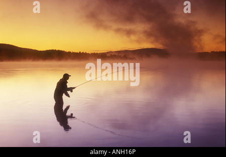 La voler-pêche à l'aube du 108 Mile Lake, British Columbia, Canada. Banque D'Images