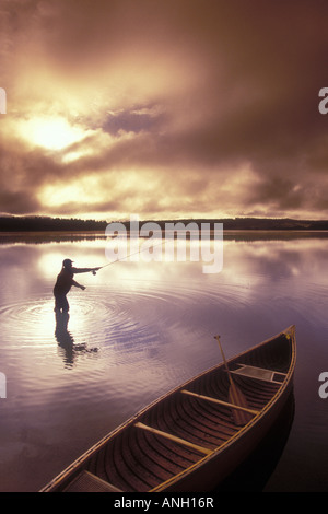 La voler-pêche à l'aube du 108 Mile Lake, British Columbia, Canada. Banque D'Images