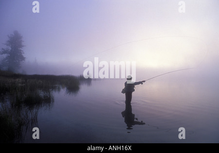 La voler-pêche à l'aube du 108 Mile Lake, British Columbia, Canada. Banque D'Images