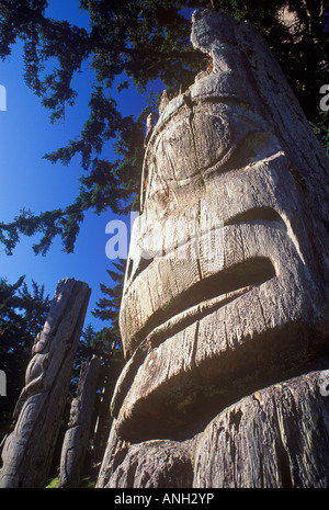 Les îles Kunghit Totems Haida à Ninstints (Skungwa'ai) Village, Colombie-Britannique, Canada. Banque D'Images