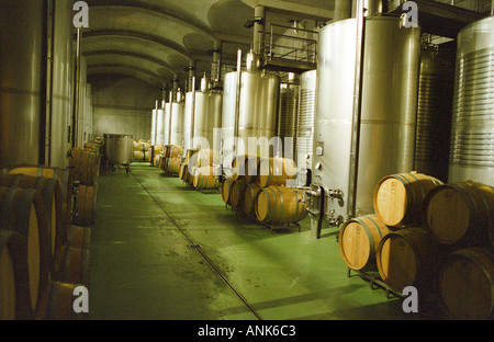 La grande salle de fermentation à l'Oremus winery à Tolcsva, Tokaj : moderne inox et fûts de chêne neufs. Banque D'Images