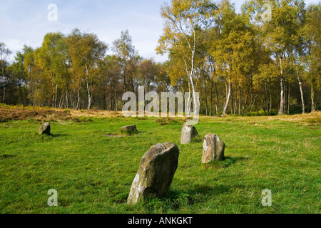 Neuf femmes Stone Circle sur Stanton Moor dans le parc national de Peak District Derbyshire, Angleterre, Royaume-Uni Banque D'Images