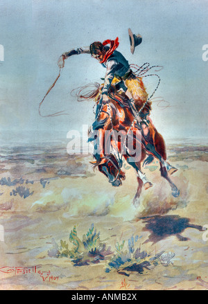 Cowboy sur un bucking bronco Reproduction d'une peinture de 1904 par Charles M Russell Banque D'Images