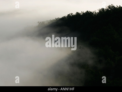 Paysage avec colline noir et blanc de la brume dans la vallée du Lot, sud ouest France Banque D'Images
