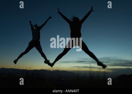 Silhouette de personnes sautant, Salt Flats, Utah, United States Banque D'Images