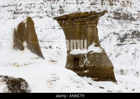 Neige fraîche sur hoodoo badlands et formations, Drumheller, East Coulee, Alberta, Canada Banque D'Images