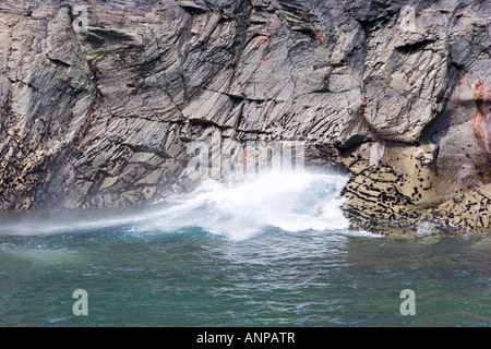 Le coup de Boscastle trou où l'eau de mer est chassé comme un fin brouillard de pulvérisation et Banque D'Images