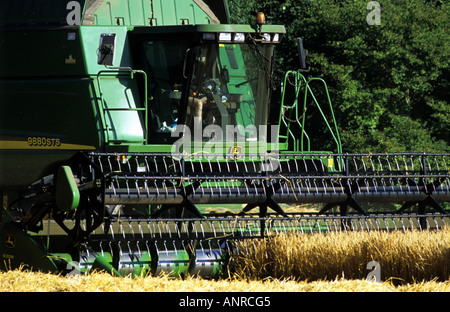 John Deer de coupe de moissonneuse-batteuse de blé sur une ferme à Waldringfield, Suffolk, UK. Banque D'Images